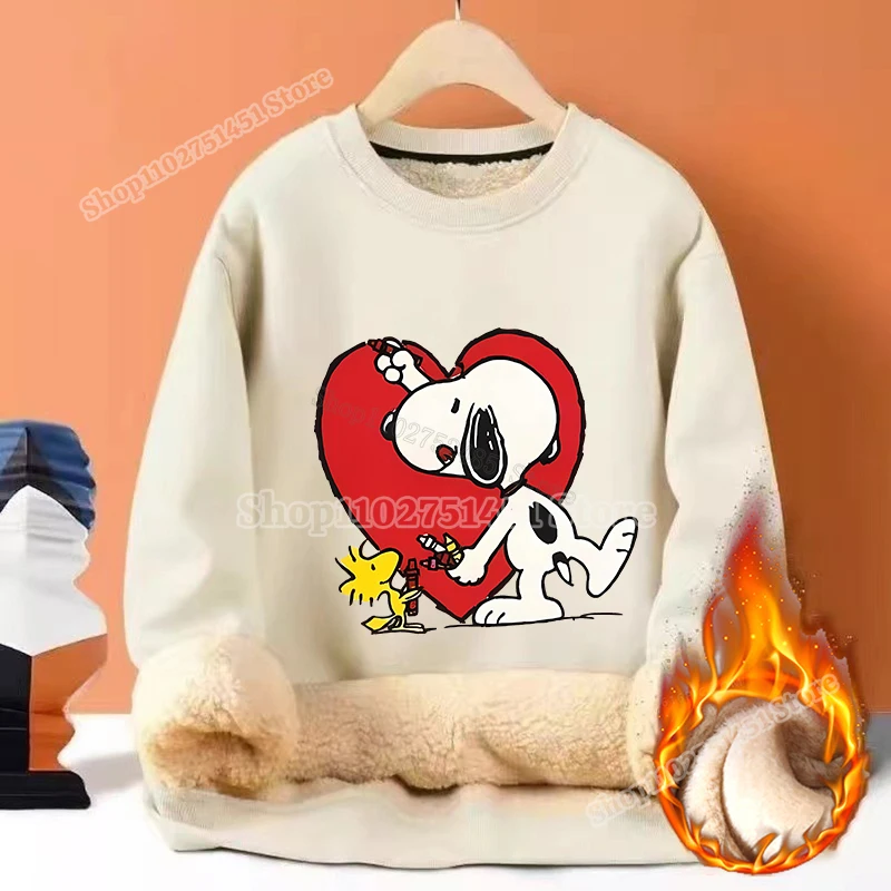 Cartoon Snoopi Print Lambskin Hoodies Men Women Clothes Winter Warm Fleece Sweatshirts Adult Outwear Tops Pullover Xmas Gift