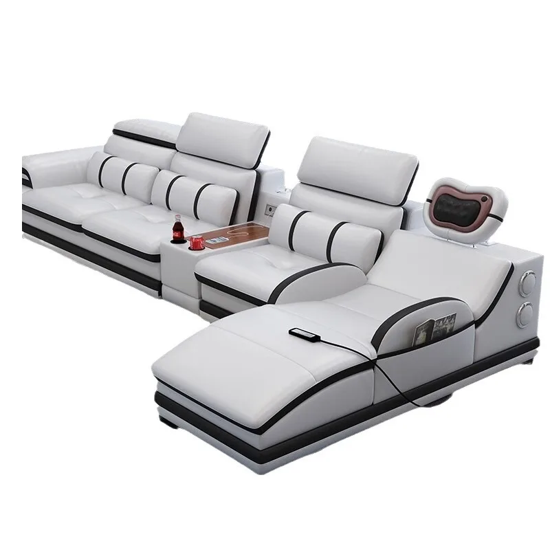Ledersofa-Kombination für Wohnzimmer, große Wohnung, modernes, schlichtes Ecksofa, intelligentes Ledersofa, multifunktionales Massagesofa