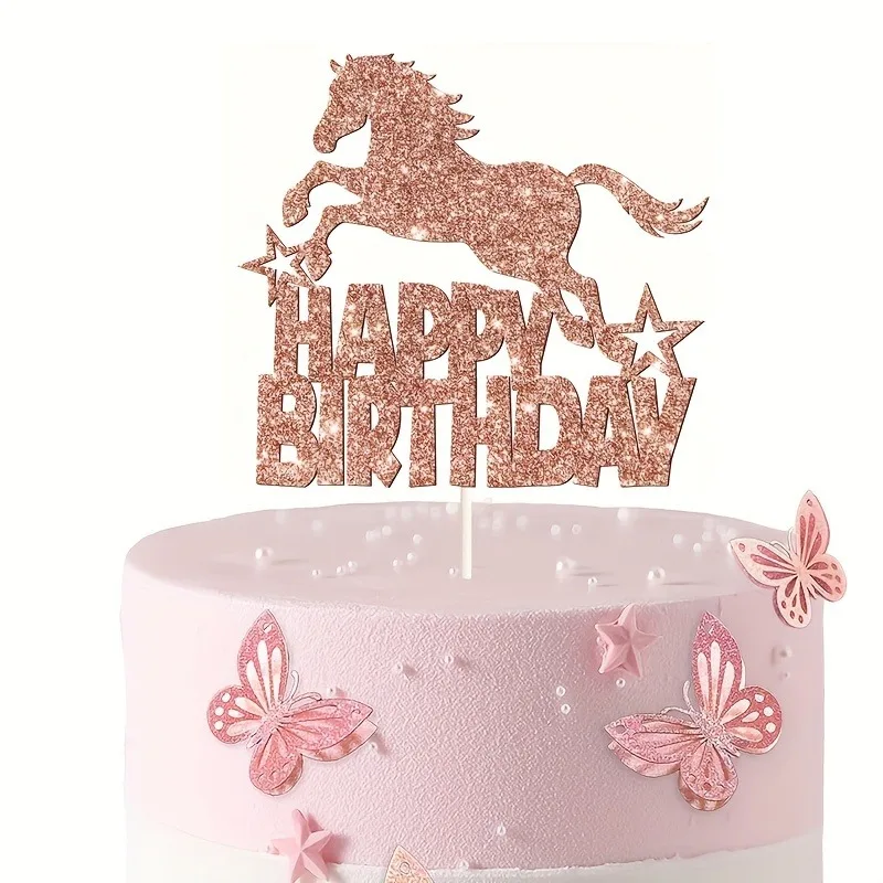 Roségoldenes Pferd „Happy Birthday“-Kuchenaufsatz – glitzernde roségoldene Pferdekoration für die Geburtstagsfeier, Reitsport-Thema Image