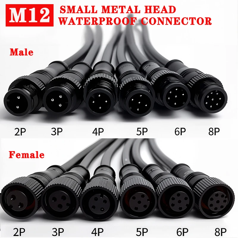 5/20 Stücke M12 Metall Schwarz Wasserdicht IP68 2 3 4 5 6 8Pin Männlich und Weiblich LED Streifen Outdoor IP68 Kabel Stecker 20 cm Draht Stecker Image