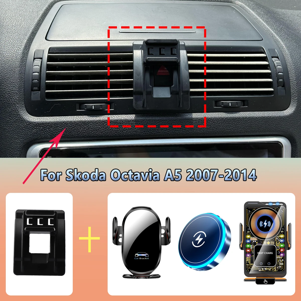 Autotelefonhalter Entlüftung für Skoda Octavia A5 2007–2012 2013 2014, magnetisches kabelloses Laden, Autotelefon-Ladegerät, Wiege, Zubehör Image