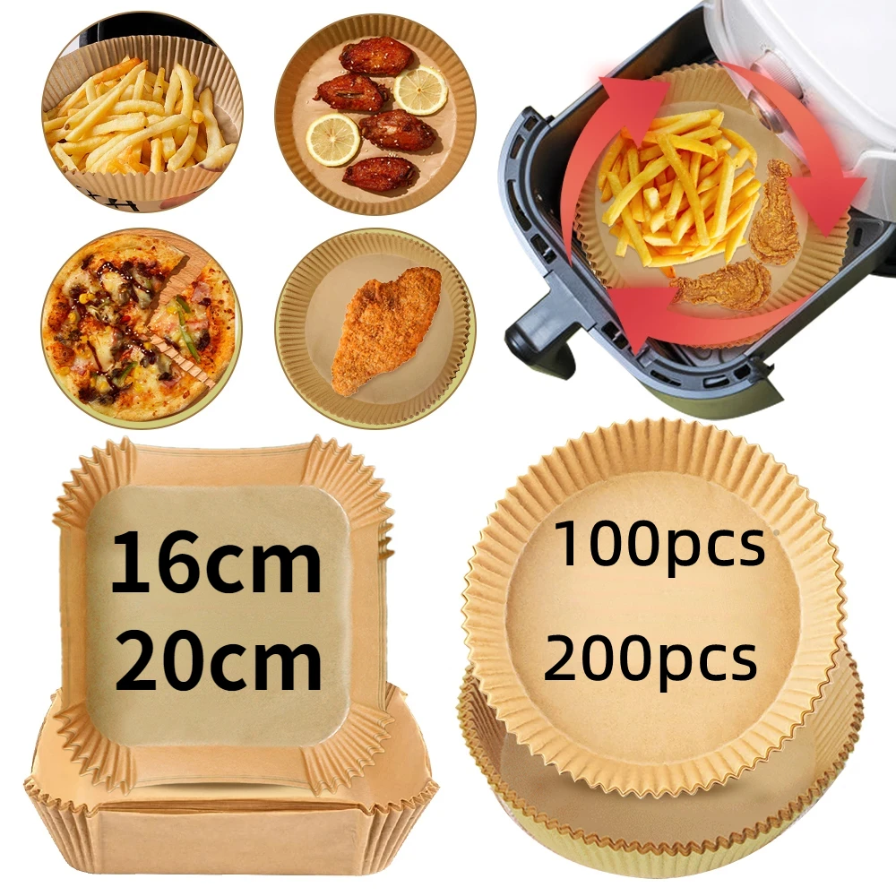 Spezialpapier für Luftfritteusen, 100/200 Stück, ölabsorbierende Lebensmittelunterlage für Luftfritteusen, ölbeständiges Einweg-Backpapier, Zubehör für AirFryer Image