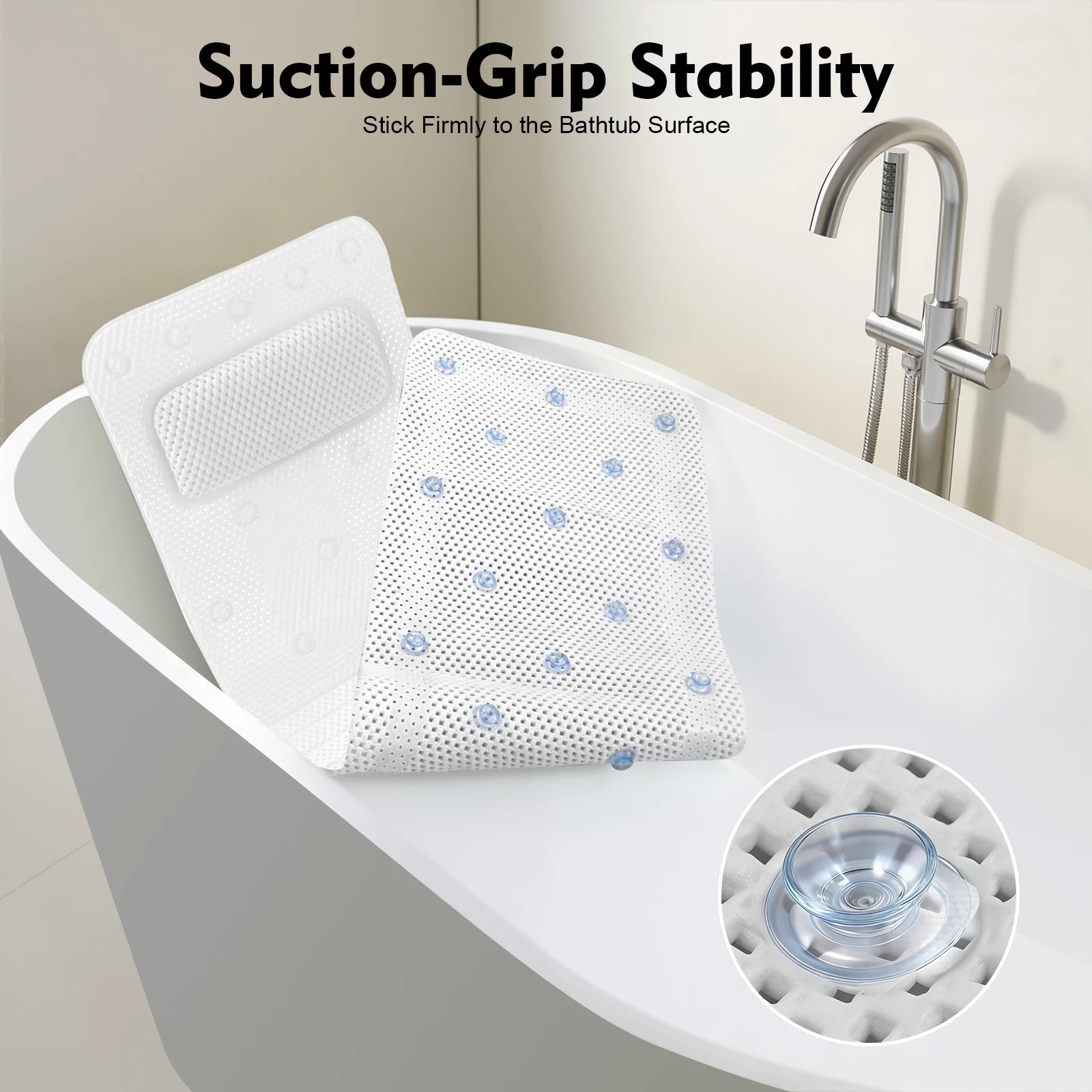 Weiße Badewannenmatte mit Kissen, PVC-schäumendes Badewannenkissen, 125 x 36 cm große Badewannenmatte Image