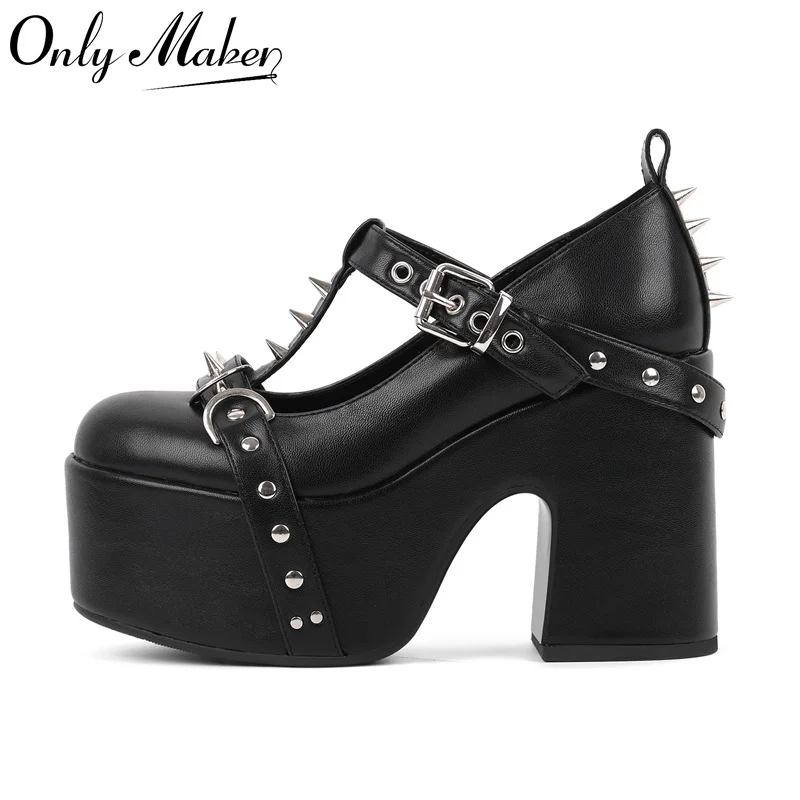 Onlymaker Round Toe Rivet Gothic Platform Chunky Heel Mary Jane Pumps Block Heel Ankle Strap Punk Lolita Shoes