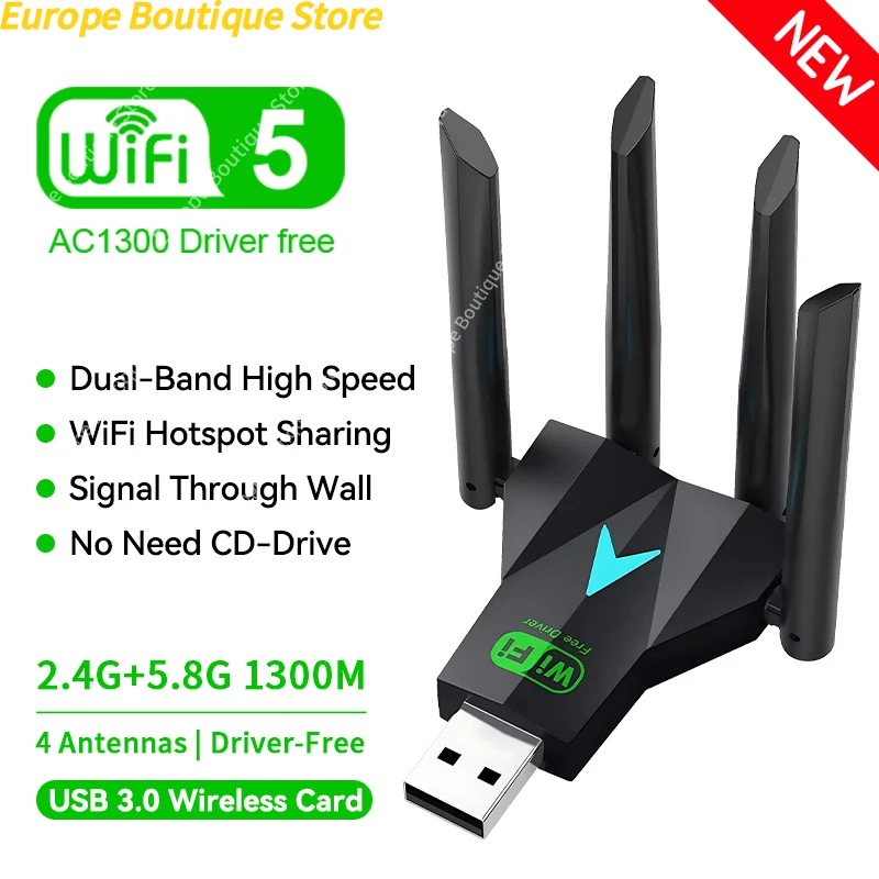 Dual Band 1300Mbps WiFi USB Adapter 2,4G/5Ghz Wi-Fi Dongle USB 3,0 802,11 AC 4-Antenne drahtlose Empfänger Für PC/Laptop Treiber Kostenloser Image