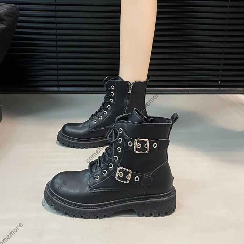 Comemore 2025 Herbst Schwarz Stiefeletten Quadratische Ferse Lace Up Frauen Neue Plattform Kurze Motorrad Botas Punk Stil Frauen Schuhe
