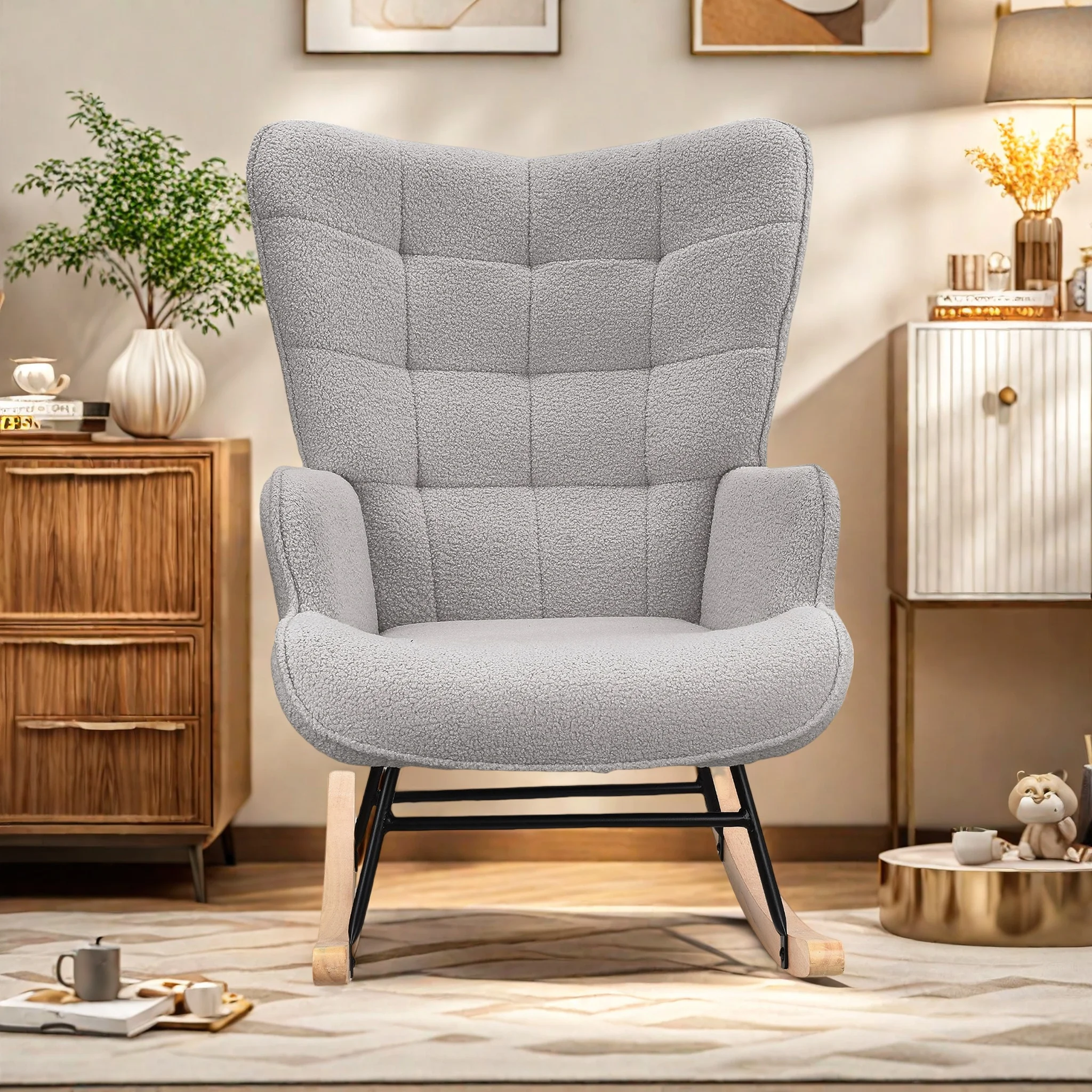 WoodenAura Schaukelstuhl für Erwachsene, Schaukelstuhl, Stillsessel, Stoff aus Plüsch, Wohnzimmer-Sessel mit Armlehnen, Hellgrau Image