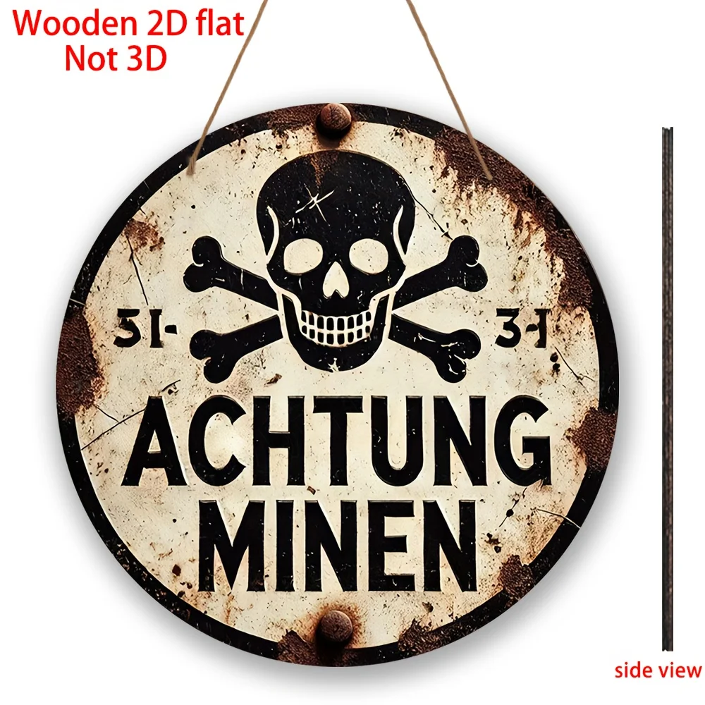 2D flach, 1 Stück Vintage Holz „ACHTUNG MINEN“ Wanddekoration, rundes Hängeschild – perfekt für Zuhause, Bar, Café, Garage, Halloween Déco