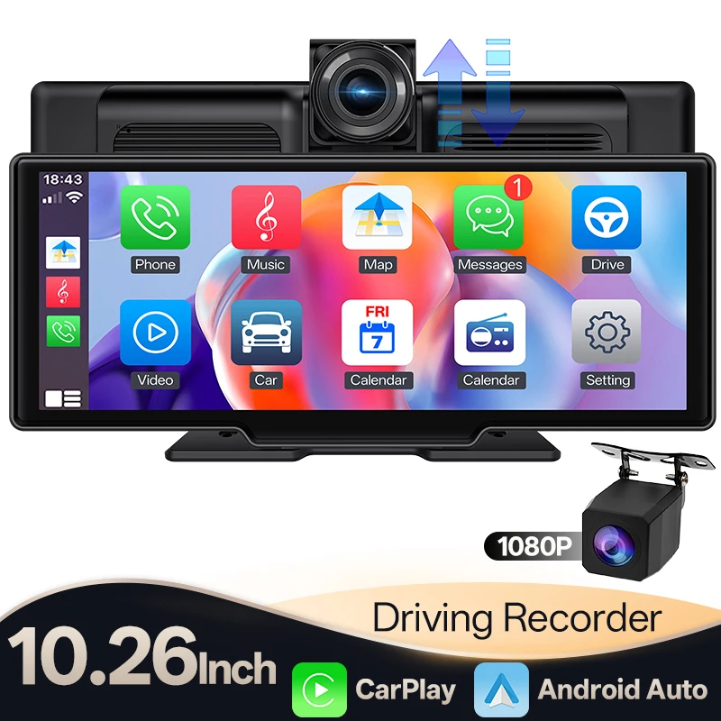 Hippcron 10,26 Zoll 4K DVR Tragbares Autoradio Drahtloses CarPlay Android Auto Dash Cam IPS Touchscreen BT Audio Dual Lens Record Image