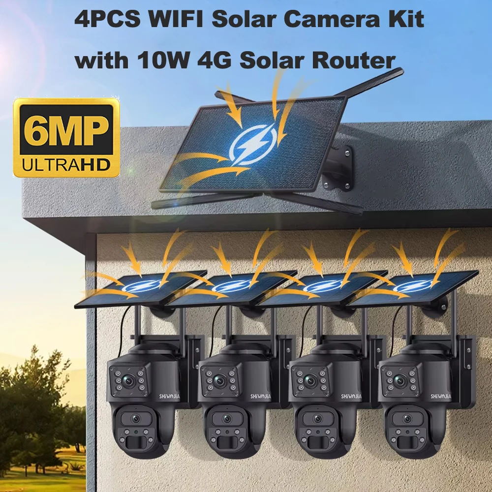 SHIWOJIA 6MP WiFi Solar Sicherheitssystem Kameras Home Wireless Outdoor 4 Kameras Kit 10W 4G Solar Router 2-Wege-Gespräch Nachtsicht Image