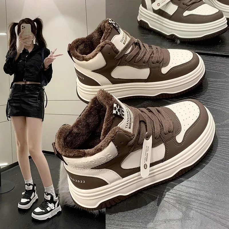 High Top Warm Dicke Sohlen Board Schuhe 2024 Winter Casual Farbe Blockiert Samt Sport Vulkanisierte frauen Schuhe Plattform Turnschuhe