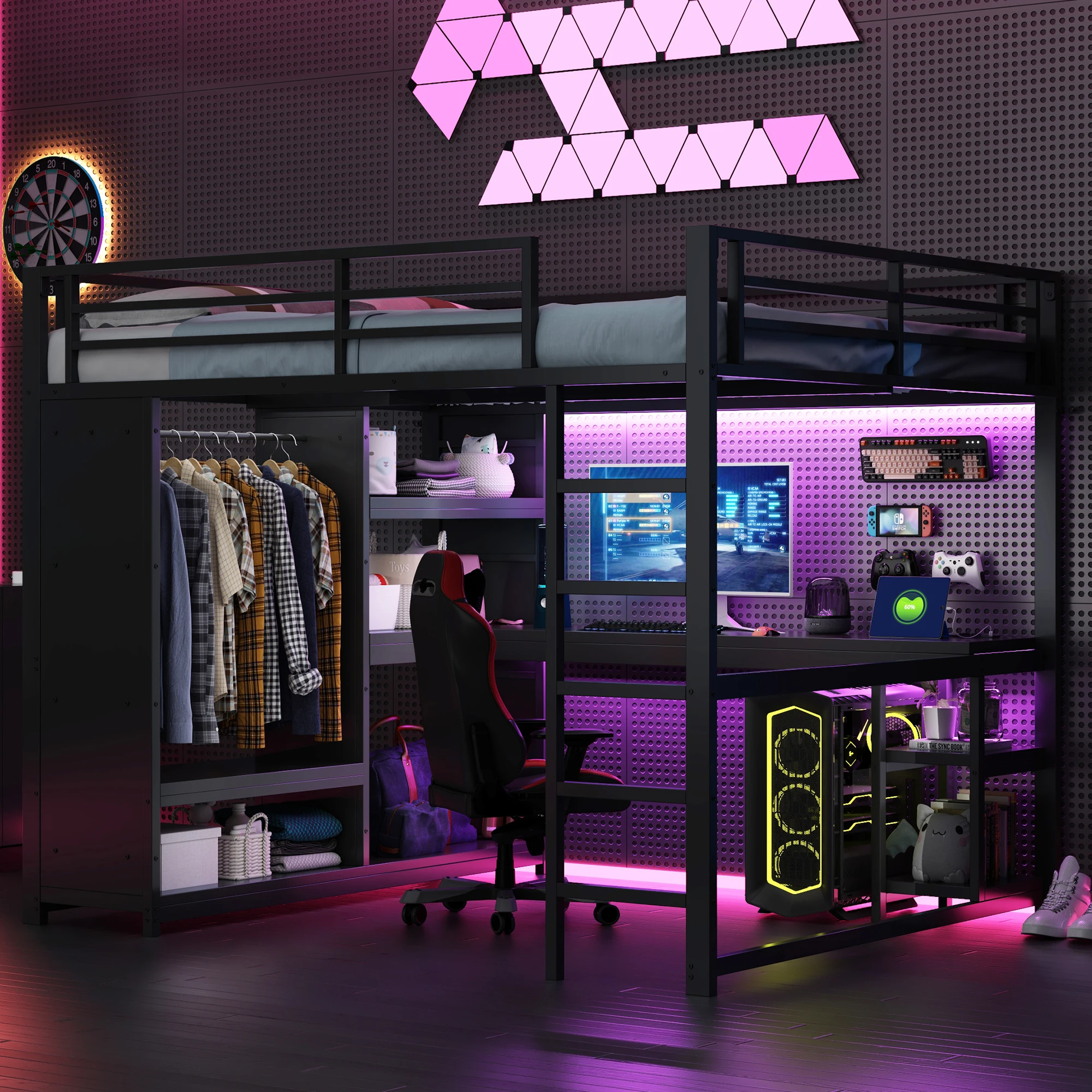 160x200 Metall-Gaming-Hochbett mit LED-Beleuchtung, Schreibtisch, offenem Kleiderschrank und Staufächern, schwarz