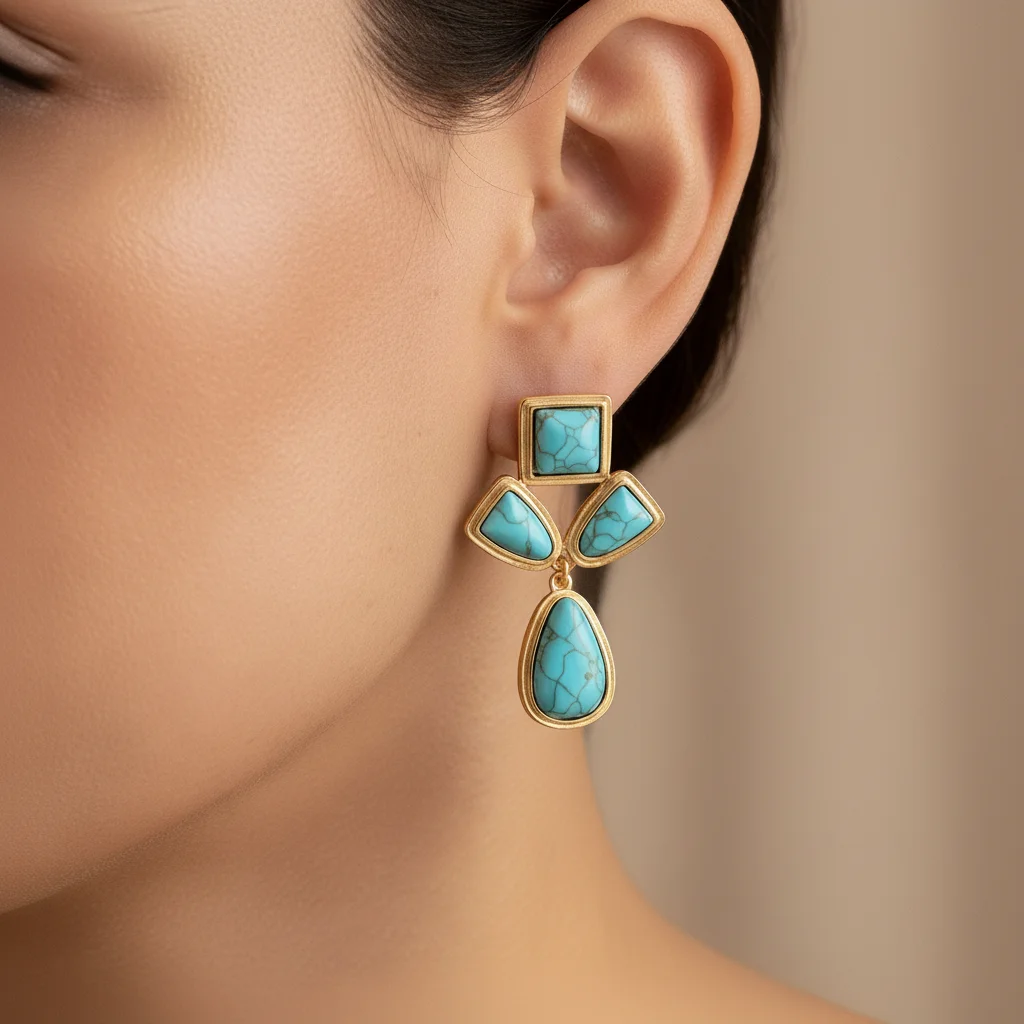 Boho Türkis-Stein Ohrhänger für Frauen, 18K Vergoldete Geometrische Hängeohrringe, Modeschmuck Geschenk Täglicher Ohrschmuck Image