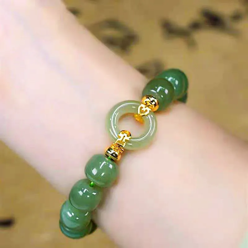 Grünes natürliches Jade-Ring-Armband, luxuriöse Talismane-Accessoires, geschnitzter Edelstein, Amulett, Designer-Perlen-Armreif, Geschenke für Frauen Image