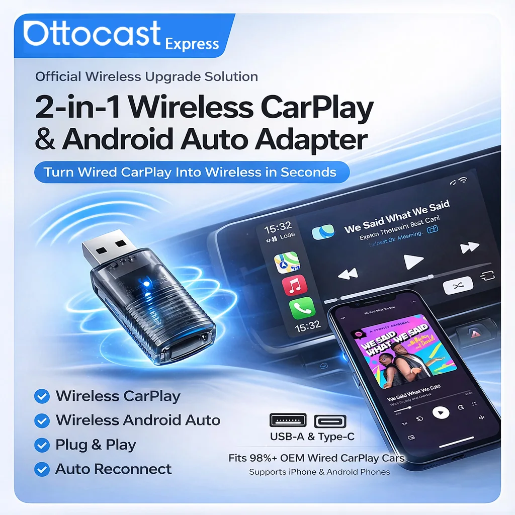 Ottocast Express Mini Kabelloser CarPlay & Android Auto Adapter 2-in-1 Dual-Band 5G Plug & Play Dongle für OEM Kabelgebundene CarPlay-Fahrzeuge Image