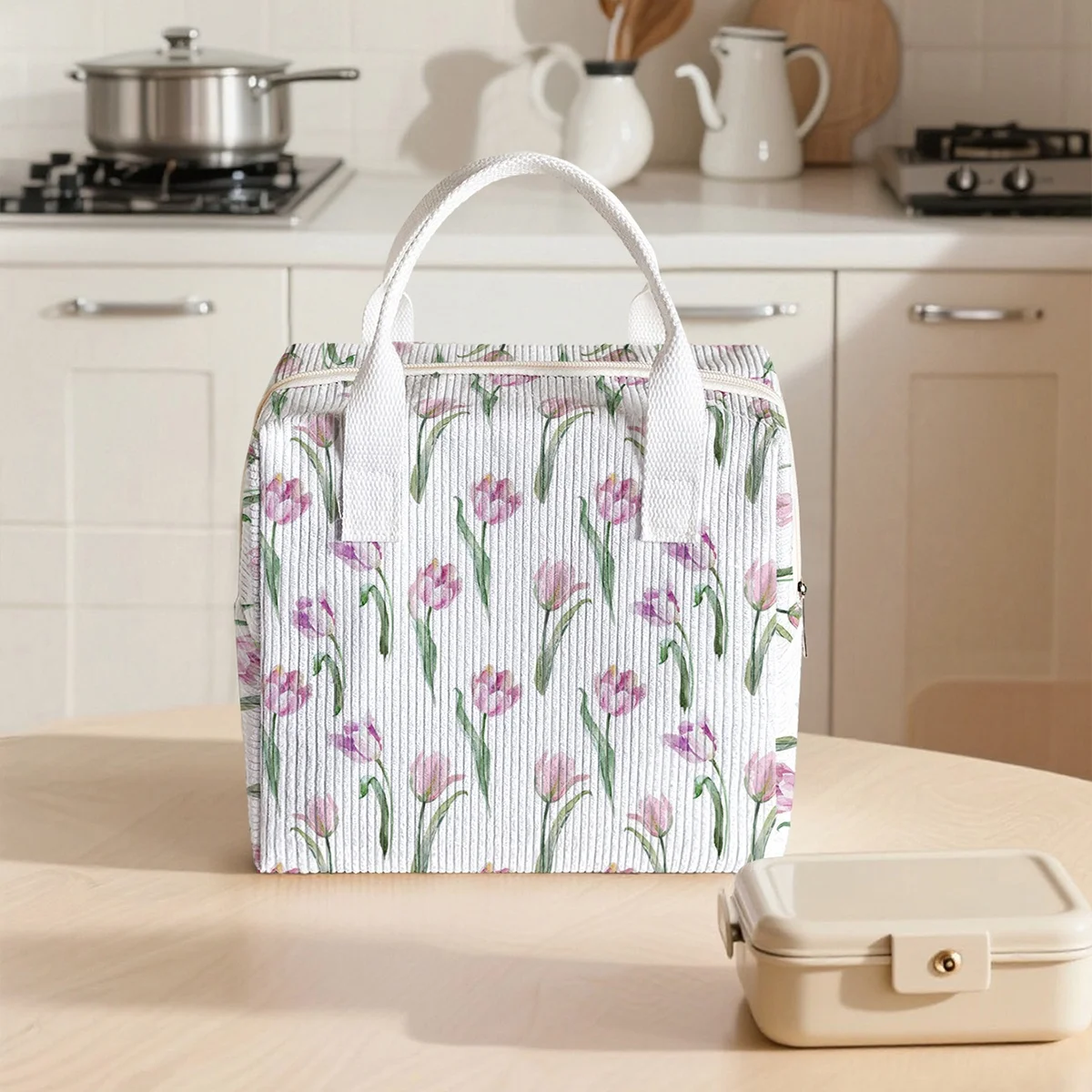 Cord-Lunch-Tasche mit großem Fassungsvermögen, isoliert, mit Aluminiumfolie-Innenfutter, für Studenten, Bento-Eisbeutel, wiederverwendbarer, tragbarer Lebensmittelbehälter Image