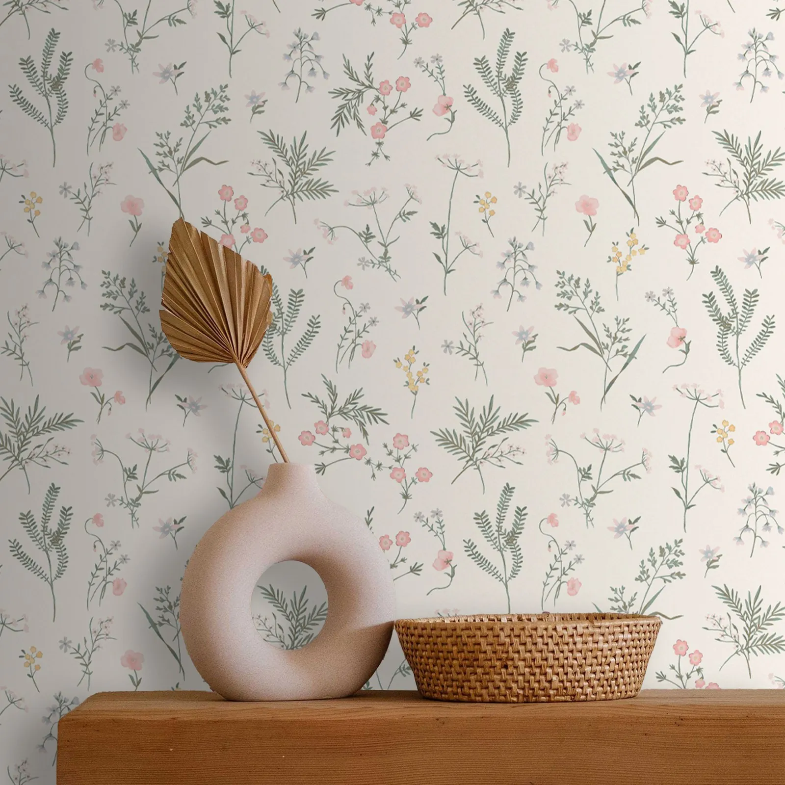 Crosswell Korallenrosa botanische Pflanzentapete, zarte Blumen und gebürstete Tapete für Bauernhaus, abziehen und aufkleben Image