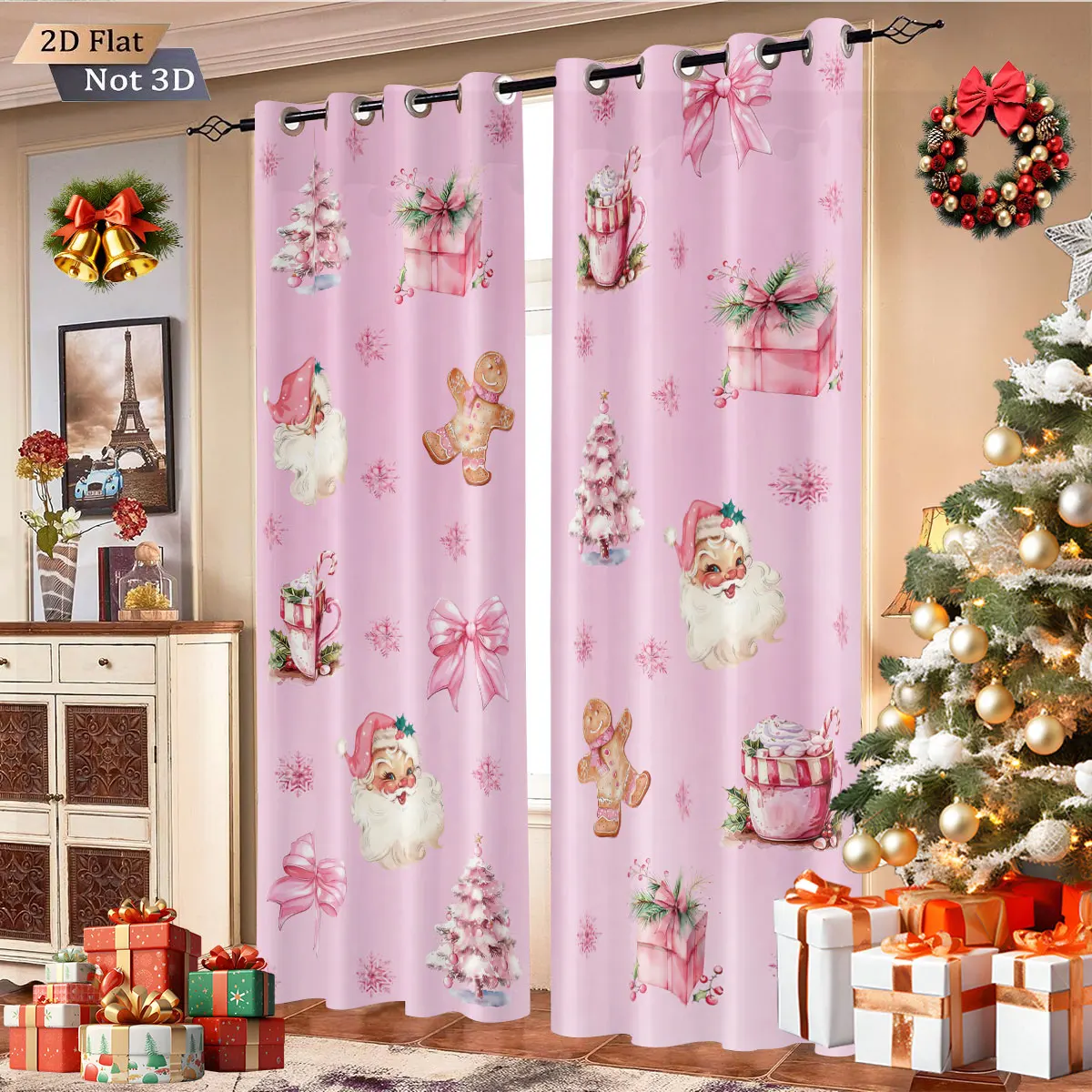 2 Stück rosa romantische Verdunkelungsvorhänge mit Weihnachtsmann-Elementdruck, Isolierung in mehreren Größen für Wohnzimmer und Schlafzimmer, Urlaubsdekoration Image