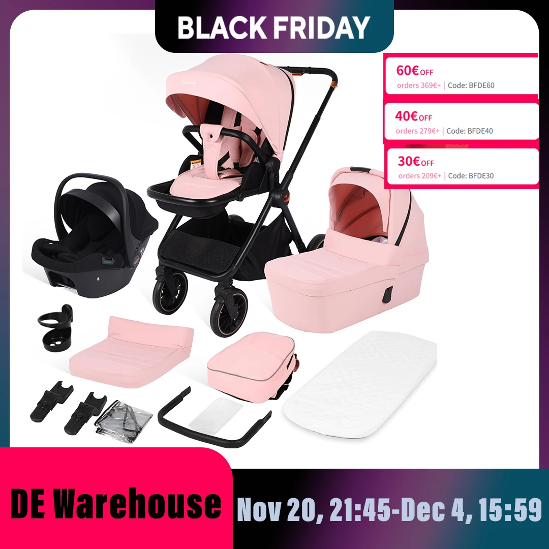 3-in-1 Kinderwagen Rosa Tragbarer Klappbarer Kinderwagen für Mädchen Neugeborenen-Reisekinderwagen Leichter Rahmen Umkehrbarer Sitz Installation Image