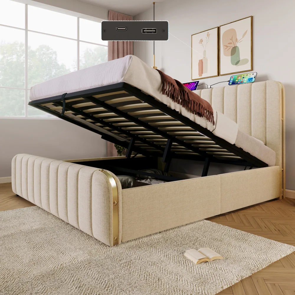 Doppelt gepolstertes Bett mit goldenen Zierstreifen und USB-Typ-C-Ladefunktion, hydraulisches Bett mit Leinenpolsterung, ohne Matratze Image
