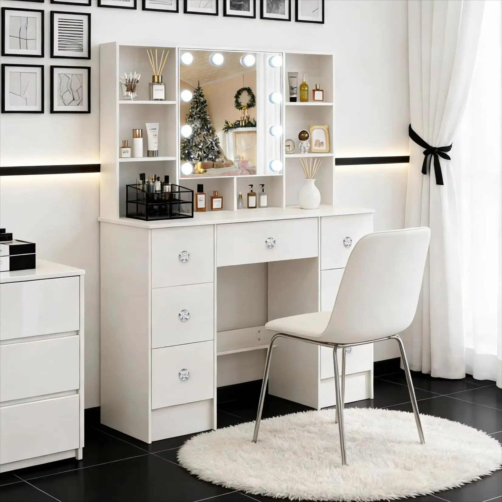 Teousev 7-Schubladen Schminktisch mit LED-Beleuchtung 3-Farben-Beleuchtungsspiegel Schlafzimmer Aufbewahrungskommode Schreibtisch Image