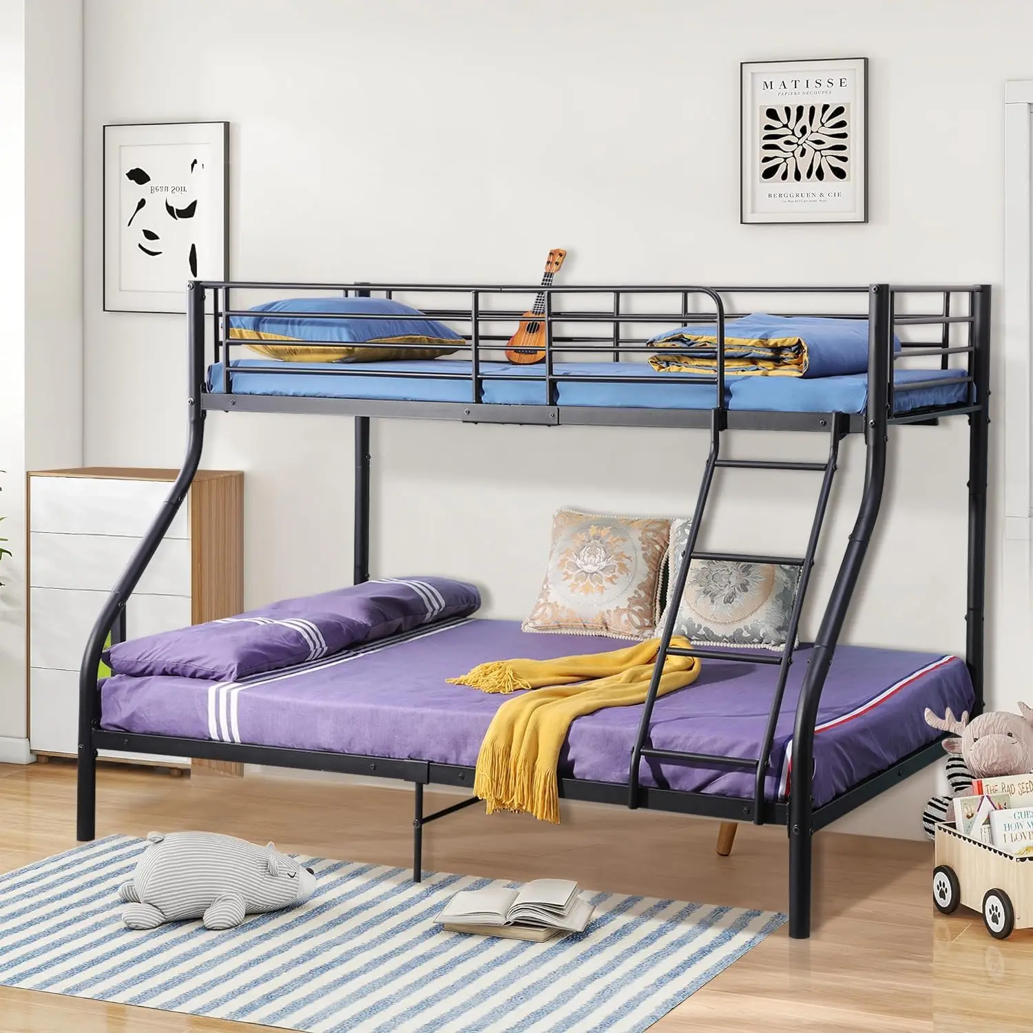 140 x 200 cm großes Etagenbett aus Metall mit Lattenrost, Leiter, Geländer, Kinderzimmer, Schwarz, individuell Image