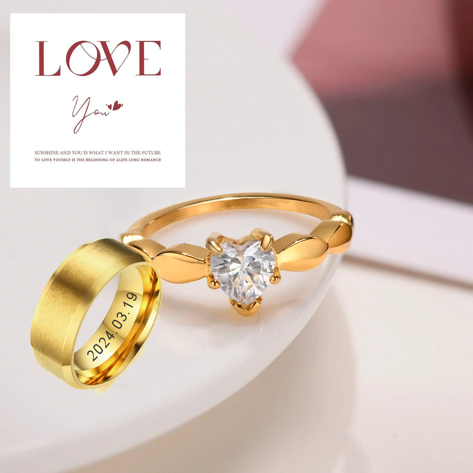 Kostenloser Gravurring, hypoallergener Edelstahlring, einzigartiges Design, Verlobungsschmuck mit Geschenkkarte, Liebeszeichen für Sie/Sijn Image