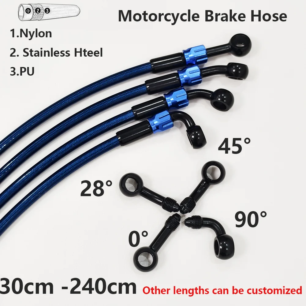 0 28 45 90-Grad M10 Edelstahl Geflochtener Motorrad-Brems- und Ölschlauch, Kupplungsleitung mit 360-Grad drehbarem Banjo-Anschluss Image