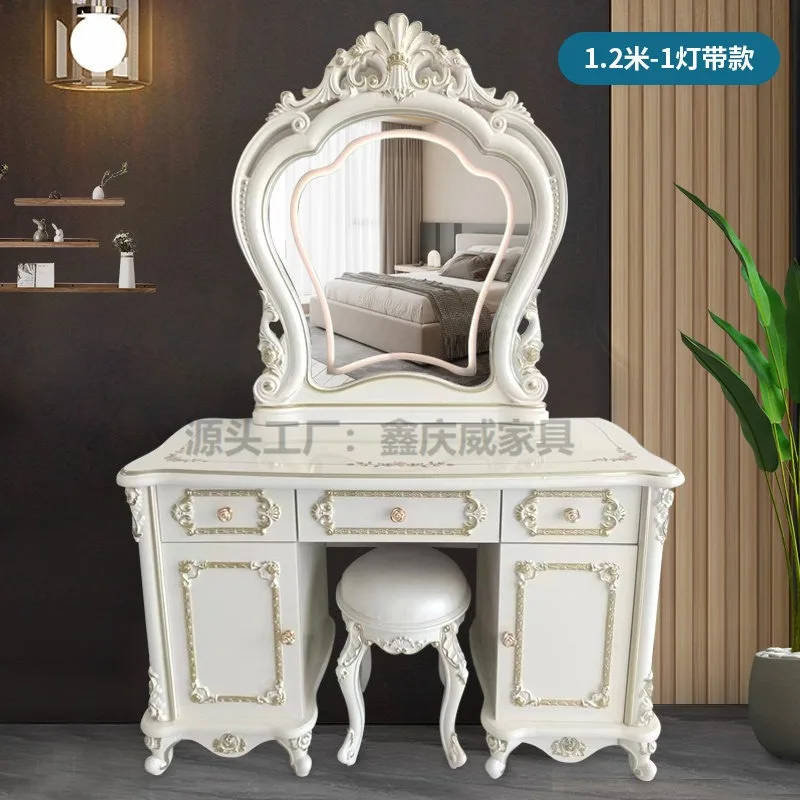 Europäischer Schminktisch mit Lampe, Schlafzimmer Neuheit Elfenbeinweiß Kleine Wohnung Mini Moderner Schminktisch, Make-up-Tisch Massivholz Image