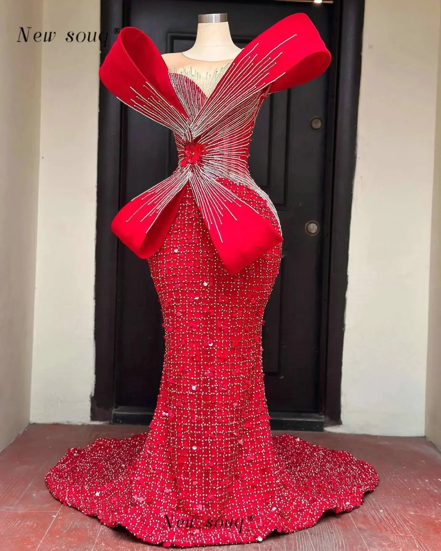 Afrikanische Aso Ebi Rote Perlen Meerjungfrau Abendkleider für Schwarze Mädchen Plus Größe Nigeria Hochzeit Prom Dinner Party Kleider Angepasst