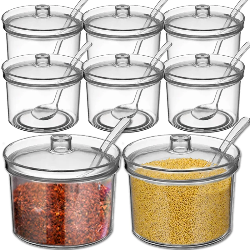 Transparente Zuckerdose aus Acryl mit Löffel, Anti-Fall-Gewürzglas mit Deckel, multifunktionaler Aufbewahrungsbehälter für Küchengewürze Image