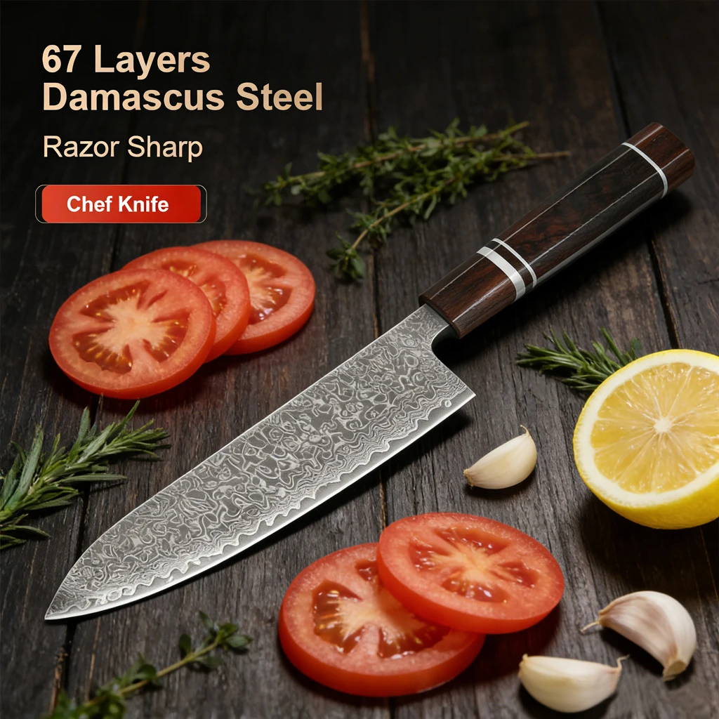 8-Zoll-Kochmesser aus Damaststahl, Küchenmesser für die Küche, Gemüse, Fleisch, zum Schneiden von Küchenmesser mit Ebenholz-Massivholzgriff Image