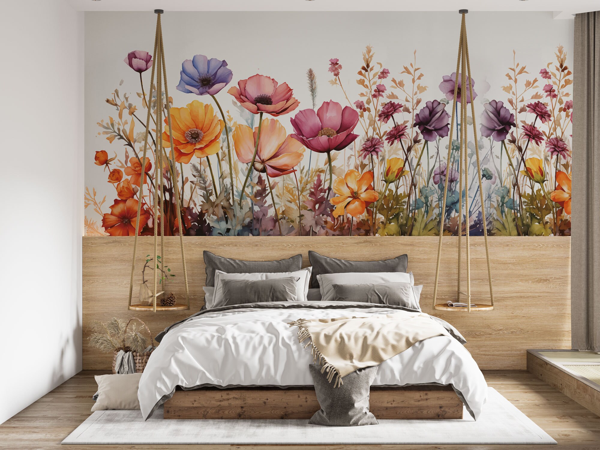 Carta da parati murale con fiori primaverili colorati, carta da parati murale con fiori di campo acquerellati, carta da parati botanica floreale stacc