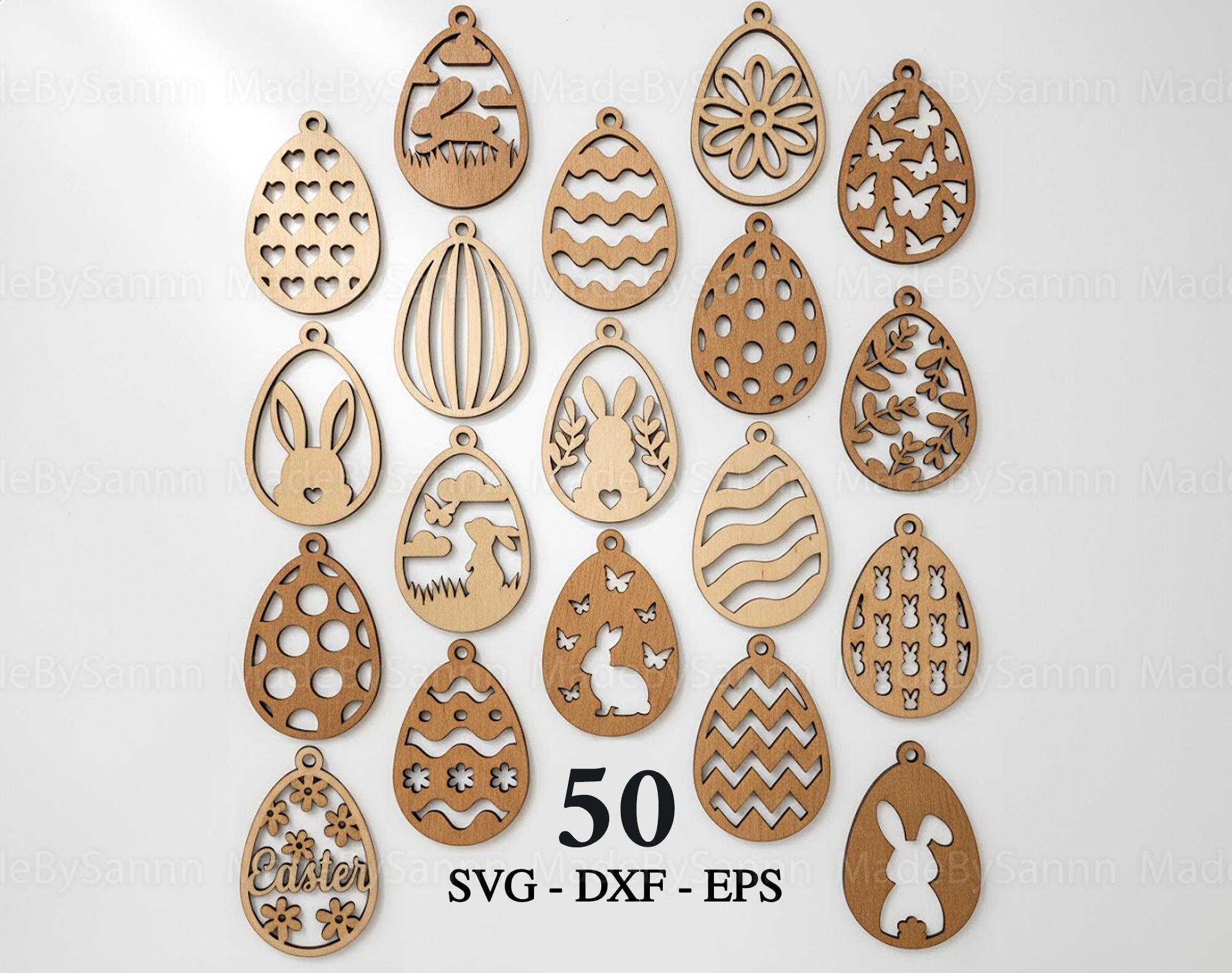 Pacchetto di 50 ornamenti pasquali tagliati al laser in formato SVG, ornamenti di uova di Pasqua in formato SVG, coniglietto pasquale in formato SVG,