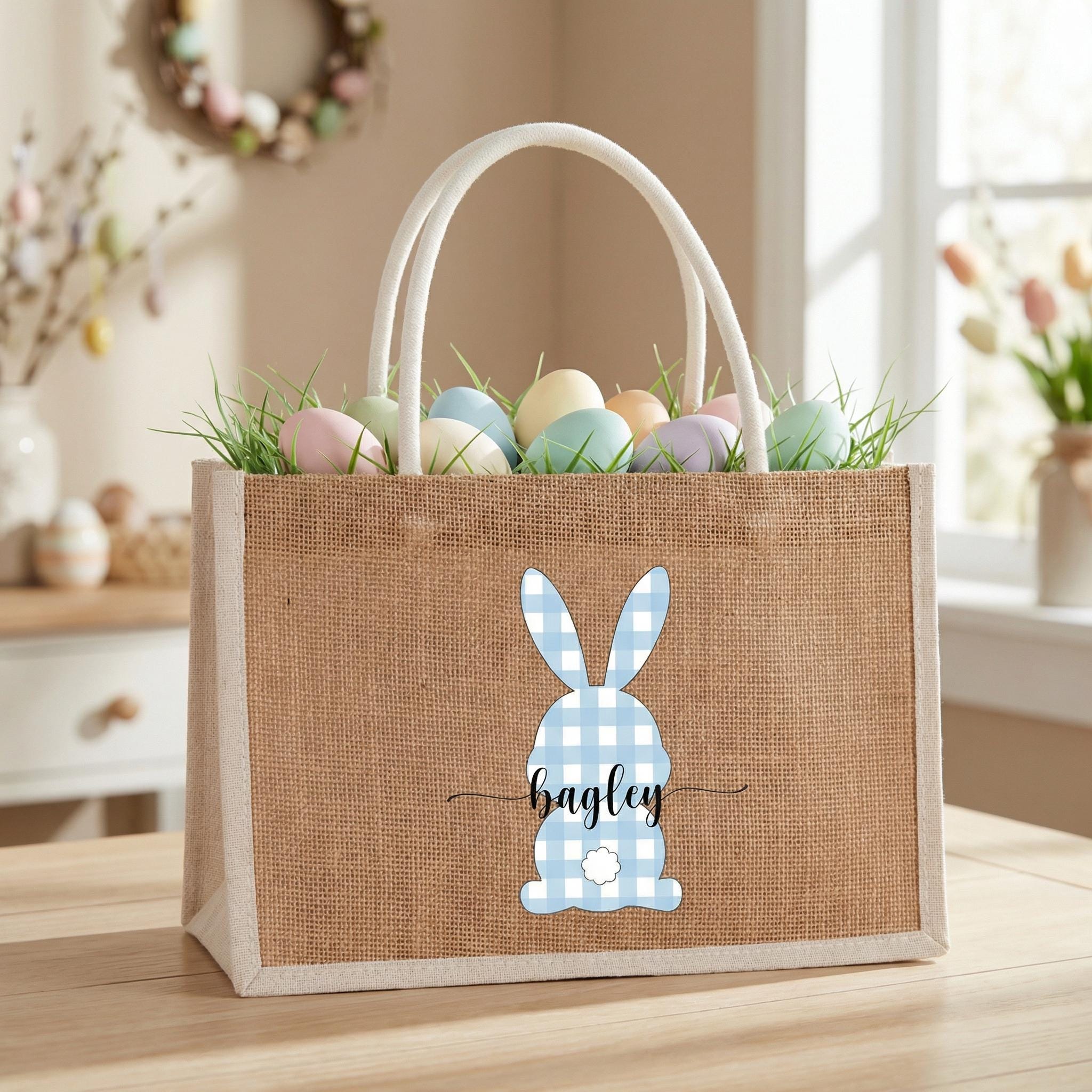 Cestino coniglietto pasquale personalizzato con nome, borsa tote pasquale personalizzata, borse per la caccia alle uova per bambini