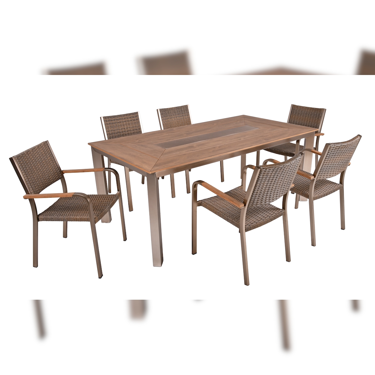 DELUKE Garten-Sitzgruppe ARMIN 7tlg. Kunststoffgeflecht Braun | Gartenmöbel-Set Gartengarnitur Garten-Essgruppe mit geschlossenen Stapelstühlen und Esstisch Image