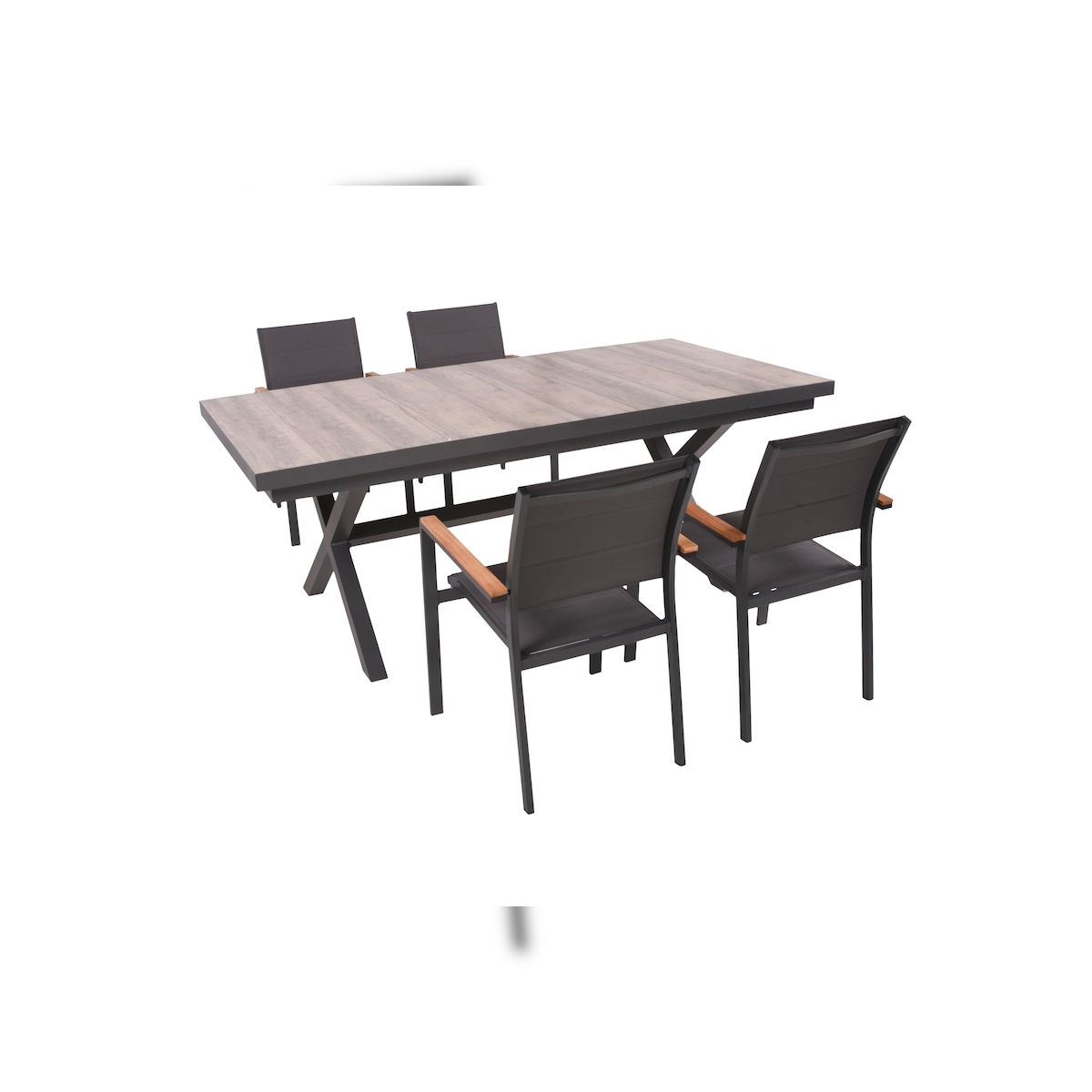 DELUKE Garten-Sitzgruppe JANA 5-tlg. - Alu/Keramik, Eiche-Optik, Grau | Gartenmöbel-Set Gartengarnitur Garten-Essgruppe mit Stapelstühlen E und Esstisch Image