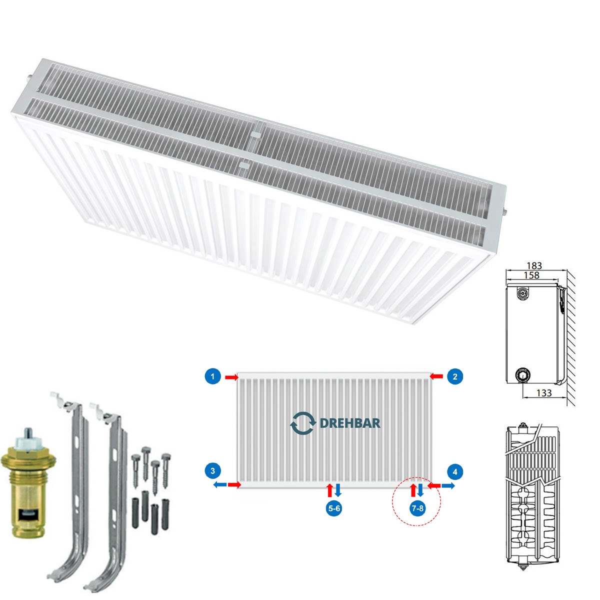 Belrad Typ 33 Universalheizkörper Ventilheizkörper Mittelanschluss mit 8 Anschlüssen 700 x 900 (HxB)-2442w Image