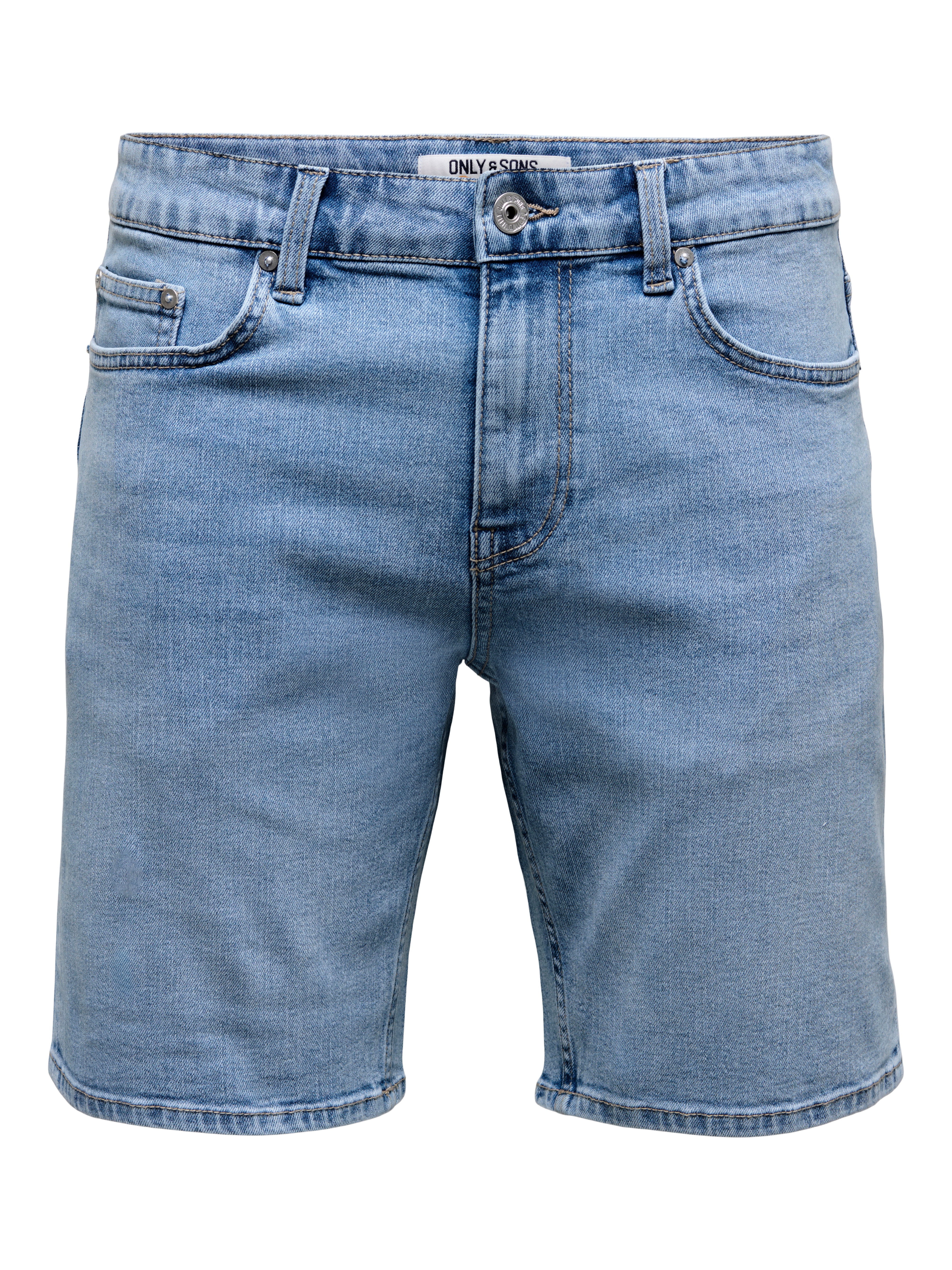 Shorts ONLY & SONS "ONSWEFT BOX PIM DNM SHORTS VD", Herren, Gr. M, N-Gr, light blau denim, Web, Obermaterial: 50% Baumwolle, 30% Polyester, 18% Viskose, 2% Elasthan, unifarben, regular fit, Hosen Shorts