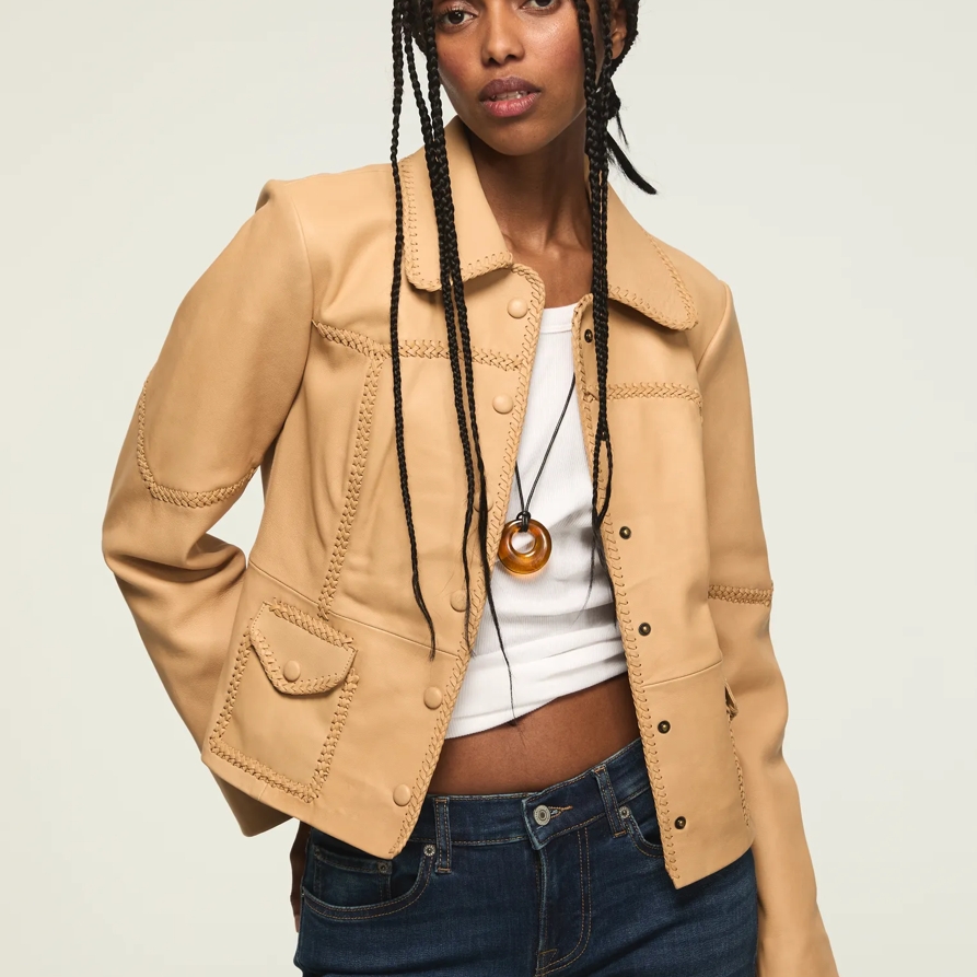 Lucky Brand Festival Braided Seamed Leather Jacket - Women's Clothing Outerwear Jackets Coats in Tan, Size L