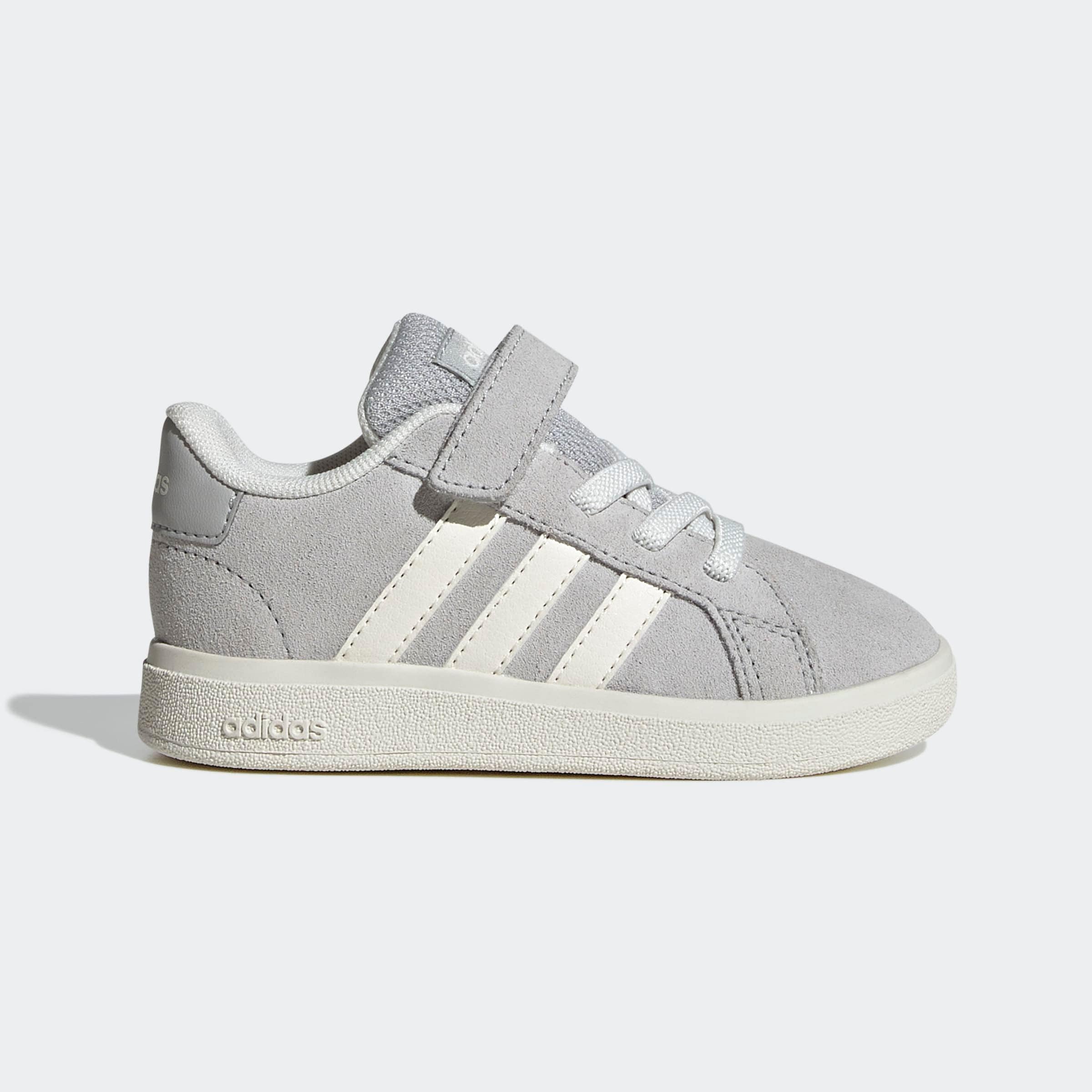 Klettschuh ADIDAS SPORTSWEAR "GRAND COURT 2.0 KIDS", Kinder, Gr. 27, grau two, sanftes weiß, ftwr weiß, Leder, Synthetik, Textil, Schuhe Klettschuh, für Kinder, mit Klettverschluss