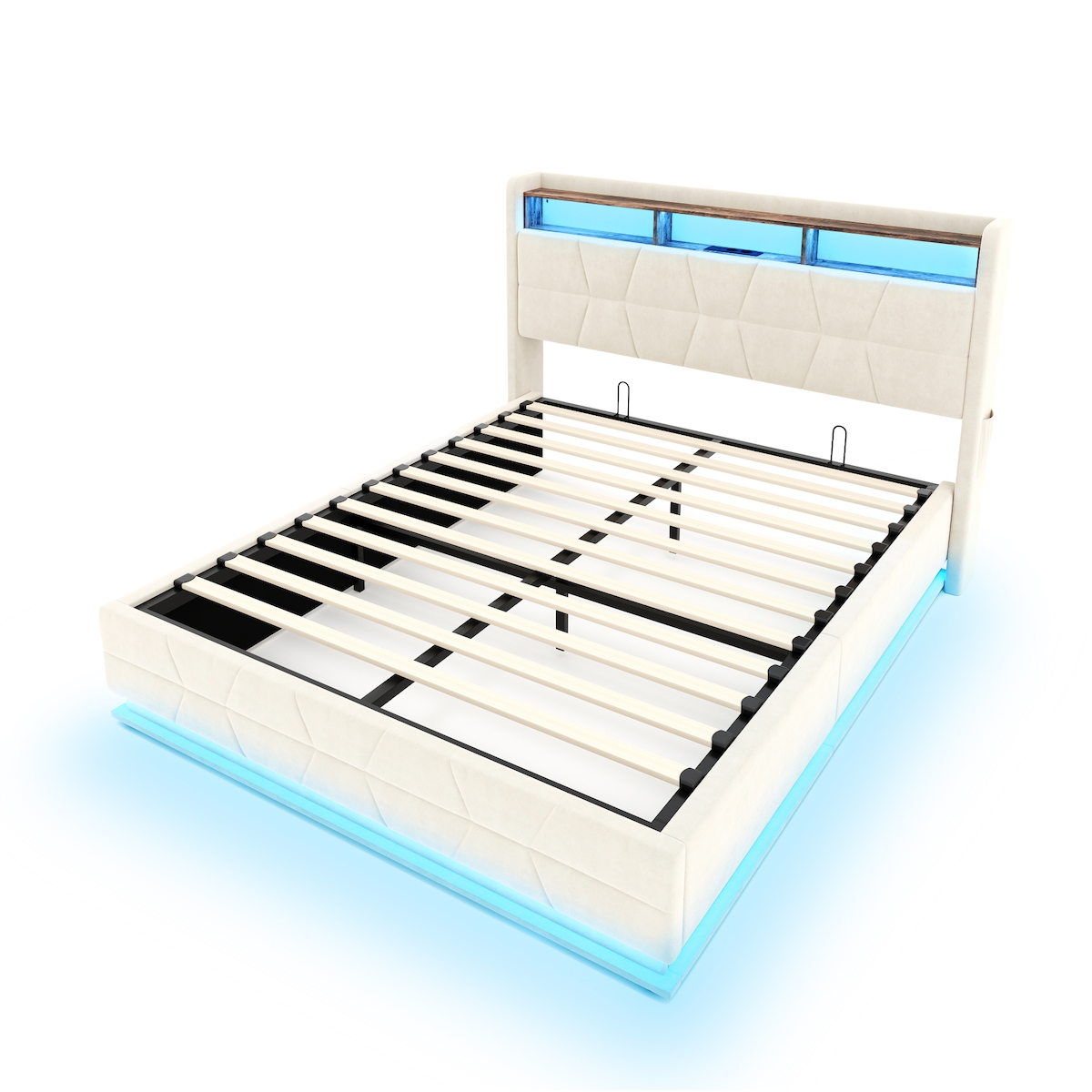 Merax Doppelbett 140x200cm, Polsterbett multifunktional mit LED, offenen Regalen, Seitentaschen & USB-C-Ladestation, Stauraum-Kopfbrett, Beige Image