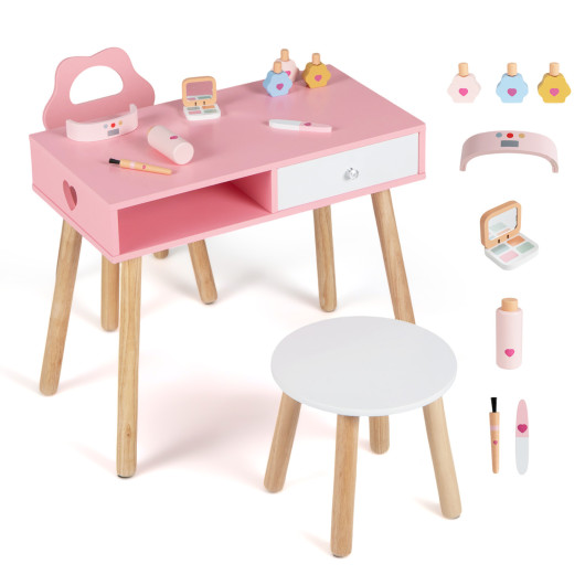 Costway Kids Pretend Nail Salon Playset with Chair and Stool Wooden Toddlers Makeup and Manicure Kit with Eye Shadow-Pink