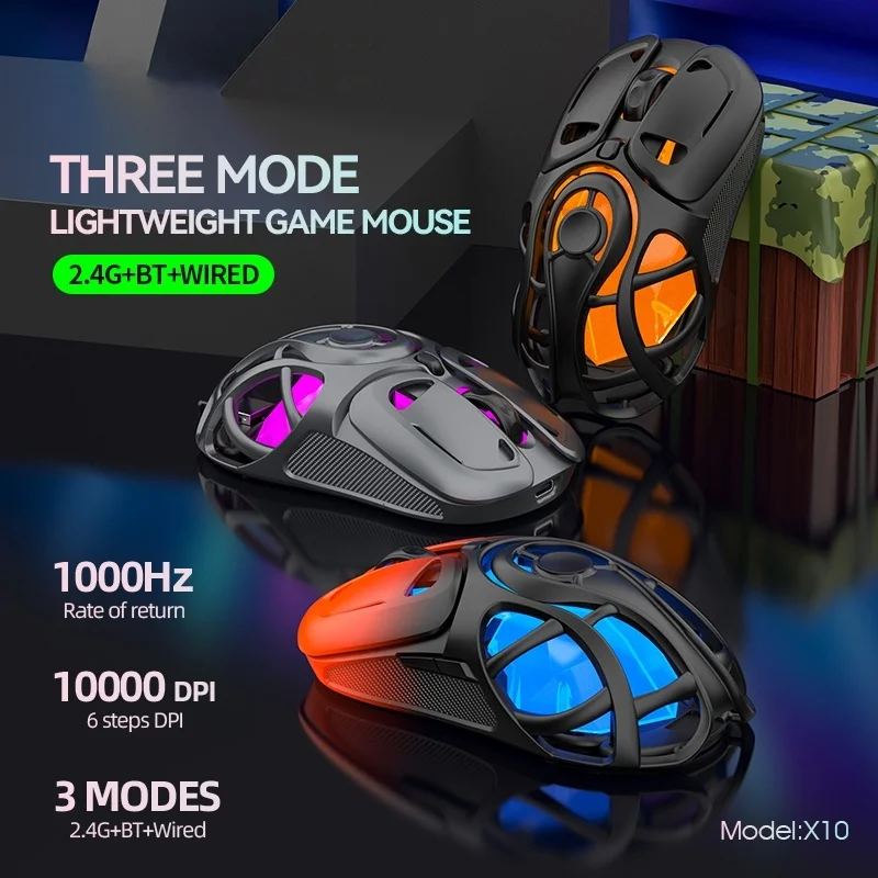 X10 Bluetooth Wireless Tri-Mode-Maus, leichtes Skelett-Design, tragbare Gaming-Maus für PC, Android, IOS, universell Image
