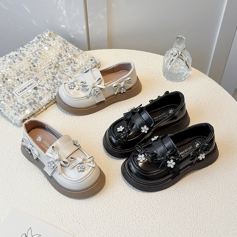 Mädchen-Leder-Schule-Mary-Jane-Schuhe aus Leder, 2025, neue Herbst-Kleinkind-Prinzessin-Schuhe mit floraler Schleife, weiche Sohle, elegante Kinder-Party-Wohnungen