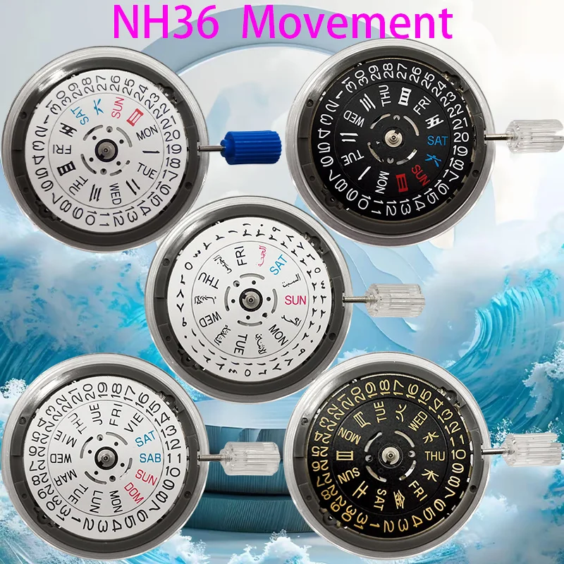 Original Schwarz-Weiß-Gold Kalender 24 Juwelen NH36 Automatikwerk Krone bei 3.0/3.8/4.1 Uhr NH36A Uhrenteile Stiftset