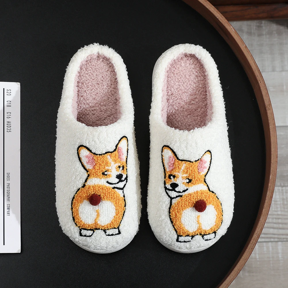 Plüsch-Hundepantoffeln Flauschige Hausschuhe Rutschfeste Cartoon-Tier-Pantoffeln Bequeme Thermo-Corgi-Pantoffeln für Innenräume und Schlafzimmer