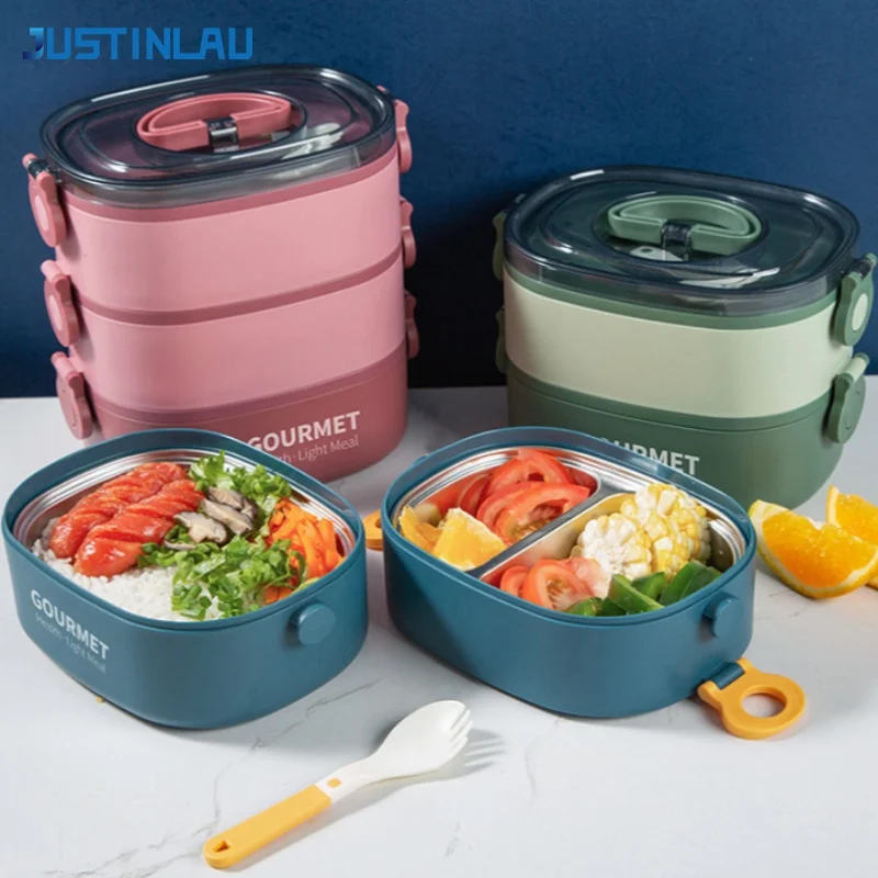 JUSTINLAU Isolierte Lunchbox aus Edelstahl, Bento-Box, 3-lagiger, aufsteckbarer Lebensmittelbehälter mit Griff, mikrowellengeeignete Aufbewahrungsboxen Image