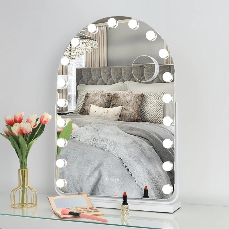 Gewölbte Make-up-Spiegel, Kosmetik-Schönheitsspiegel mit Lichtern, Touchscreen, dimmbar, Tischplatte, um 360° drehbar, mit 10-facher Vergrößerung Image