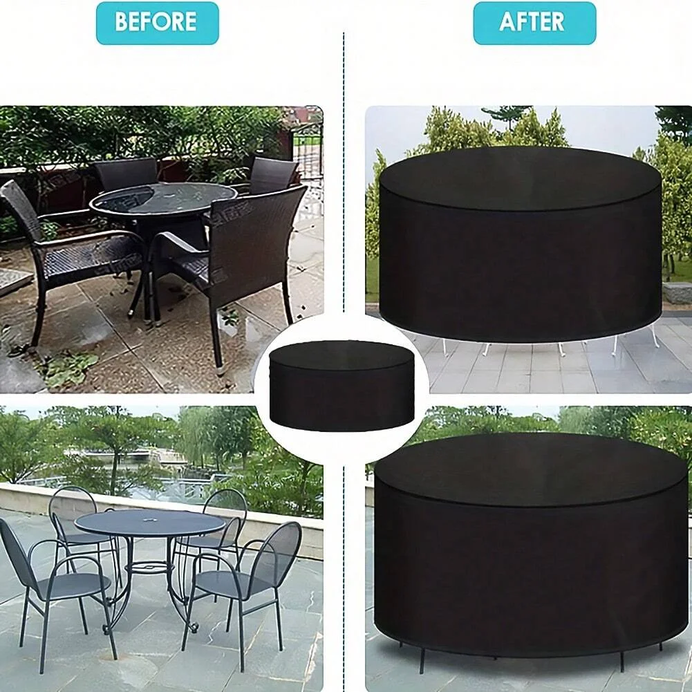 Wasserdichter runder Terrassenmöbelbezug – UV- und windabweisender, staubdichter Tisch- und Stuhl-Set-Schutz für den Außenbereich, Schwarz, Regen, Schnee Image